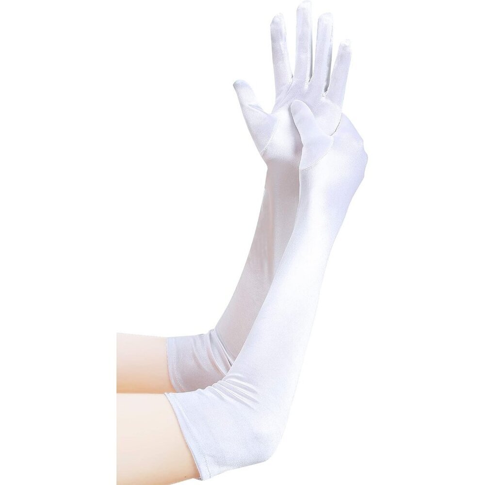 Women's Smooth White Long Satin Gloves Elbow Length Party Costume Accessory